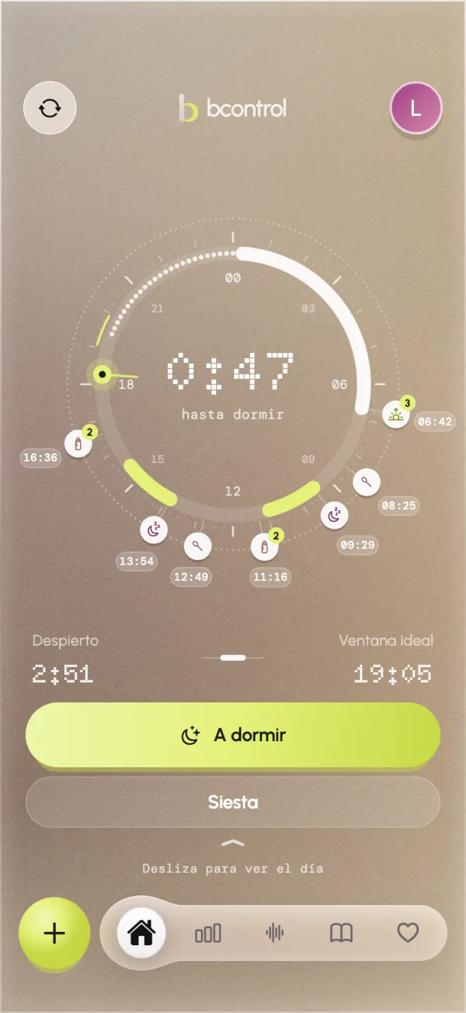 Pantalla Hoy de Bcontrol: el reloj de 24 horas con la cuenta atrás hasta la hora de dormir